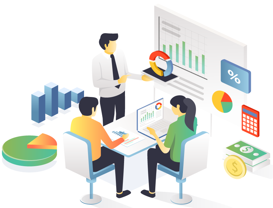 Team reviewing financial charts and graphs during a business meeting with data visuals.