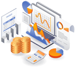 Financial data analysis with charts, coins, invoices, and a calculator on a desk.