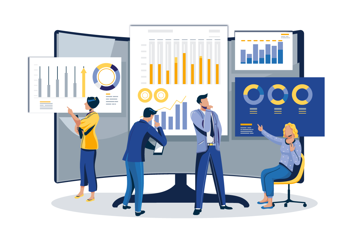 Professionals analyzing charts and data on large screens during a financial strategy session.