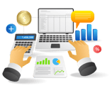 Hands using a calculator and laptop with financial graphs, charts, and data analysis tools.