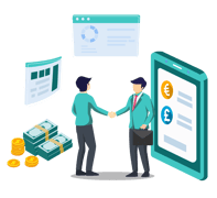 Two professionals shaking hands near digital financial tools, currency icons, and cash stacks.