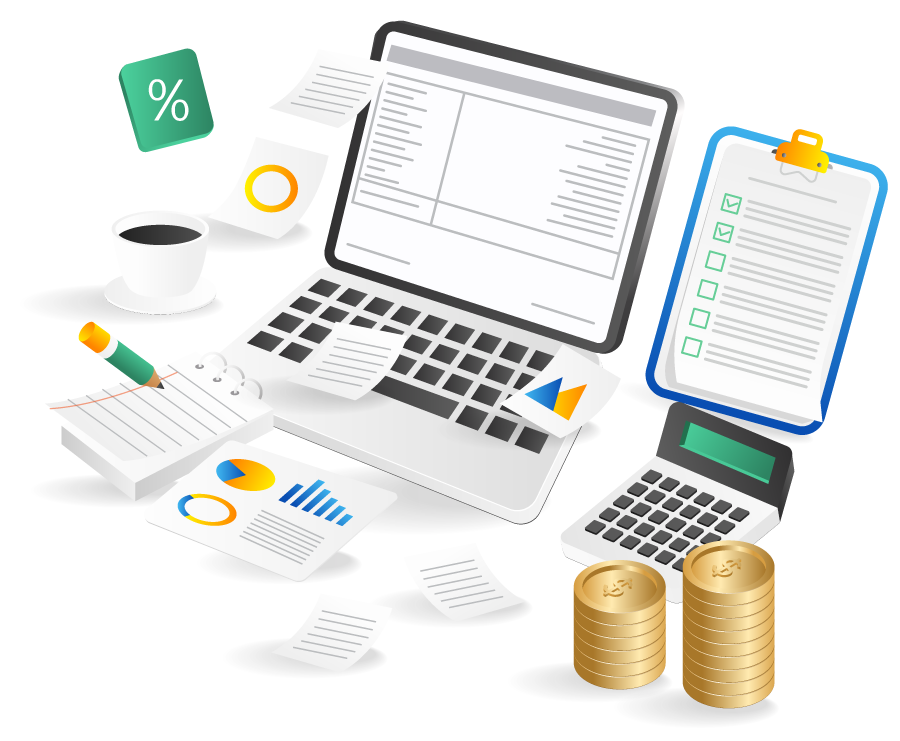 Financial workspace with laptop, charts, calculator, clipboard, and coins symbolizing bookkeeping.