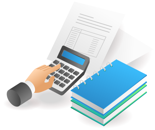 Hand using a calculator with financial documents and notebooks for bookkeeping tasks.