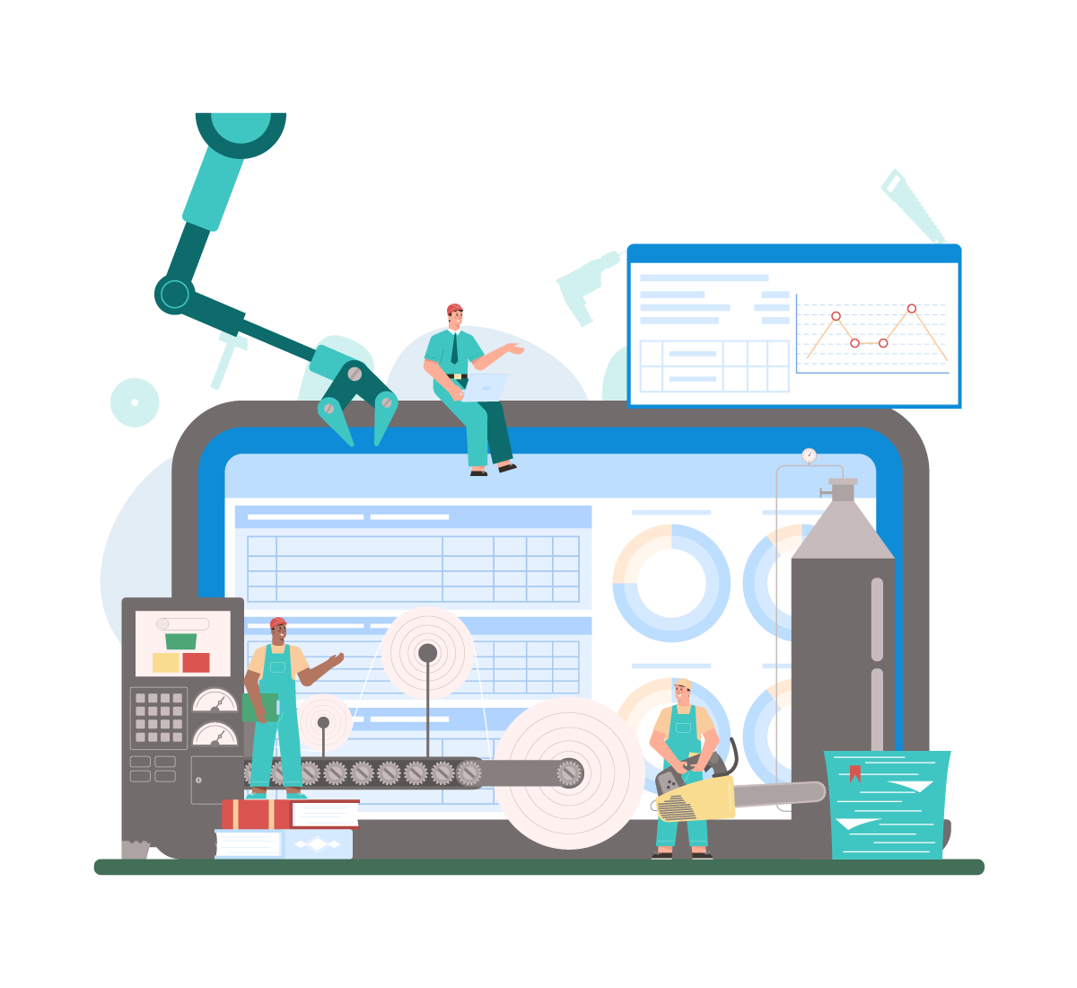 Workers with tools and charts symbolizing financial data automation and industrial processes.