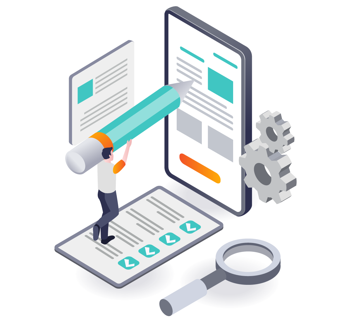 Person editing digital documents with a giant pencil, gears, and magnifying glass symbolizing precision.
